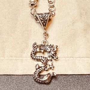 Stainless Steel Chain & Clasp Dragon Charm Serpentine White Jade & Larvakite